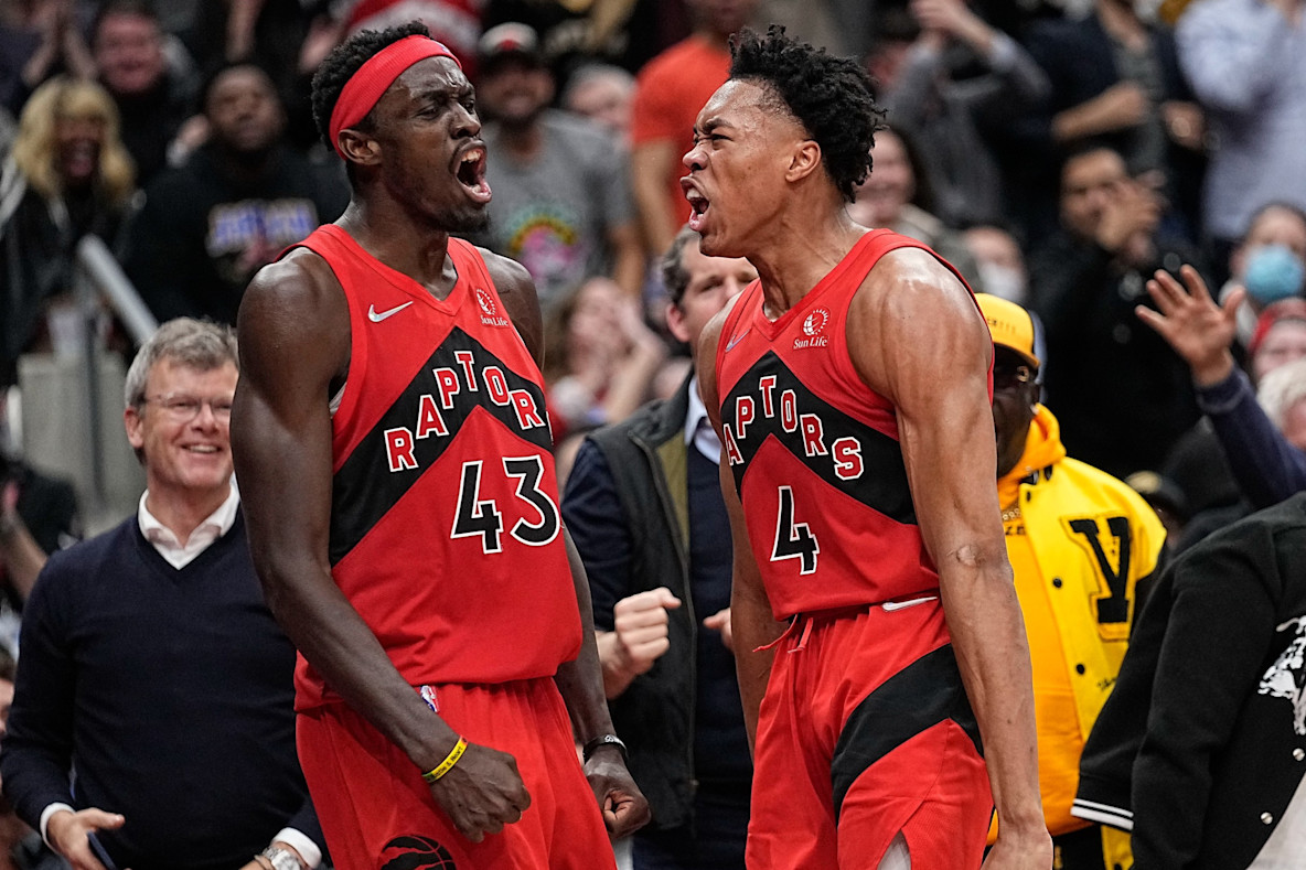 Basketball_NBA_Toronto Raptors forward Pascal Siakam and forward Scottie Barnes celebrate