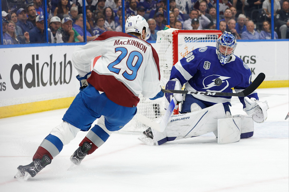 Hockey_NHL_Colorado Avalanche center Nathan MacKinnon Tampa Bay Lightning goaltender Andrei Vasilevskiy