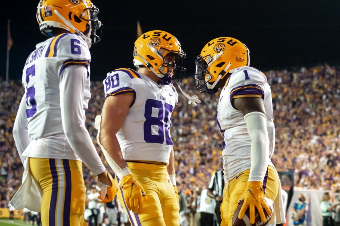 Football_NCAA_LSU's Kayshon Boutte, Deion Smith and Jack Bech