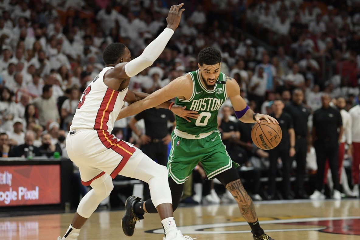 Basketball_NBA_Boston Celtics forward Jayson Tatum and Miami Heat center Bam Adebayo