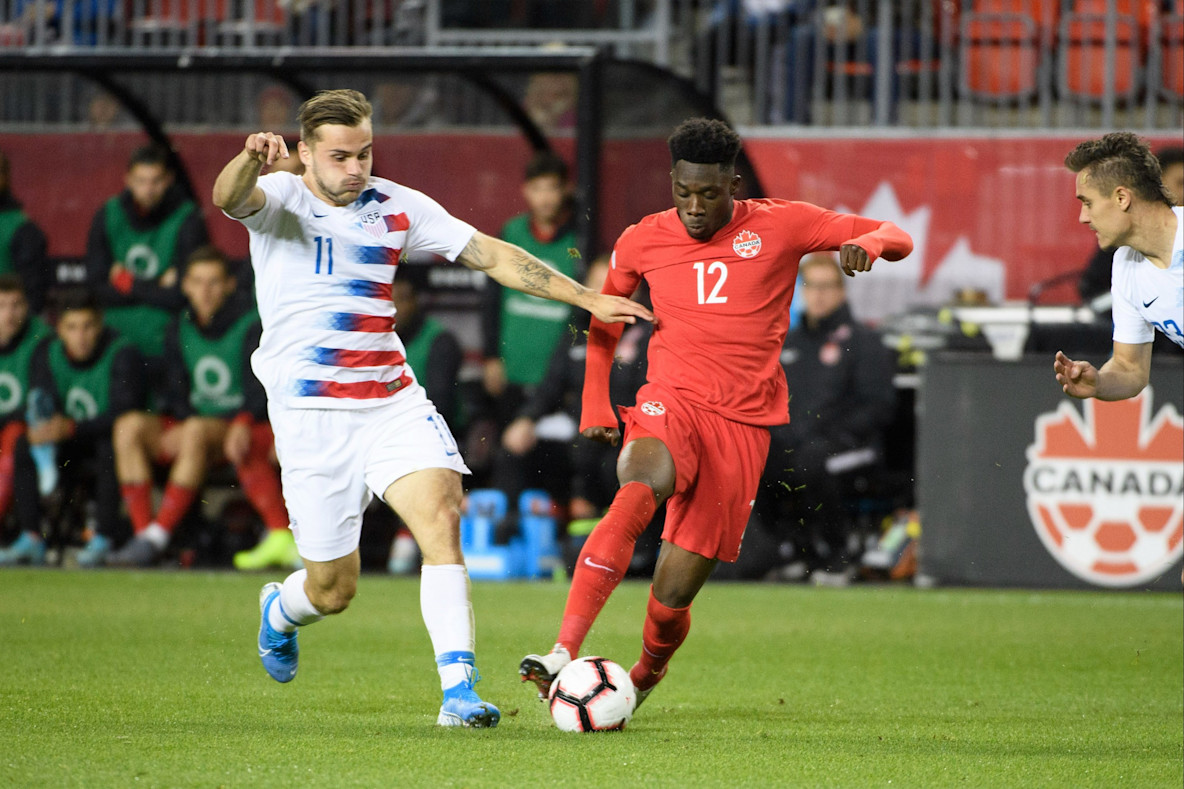 Soccer_Canada defender Alphonso Davies and US forward Jordan Morris